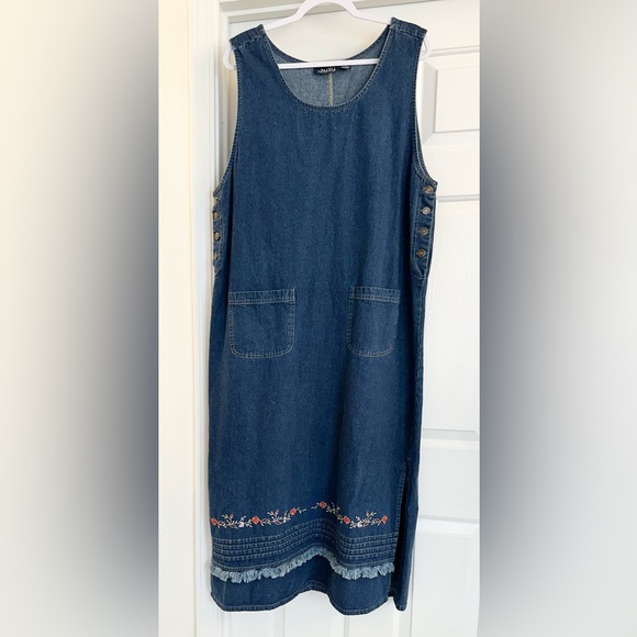 Vintage MPH Sundress Dress With Embroidery And Fringe Size 1X Maxi Blue Jeans‎ - Picture 1 of 13
